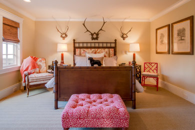 Bedroom - large rustic master carpeted and beige floor bedroom idea in Boston with beige walls and no fireplace