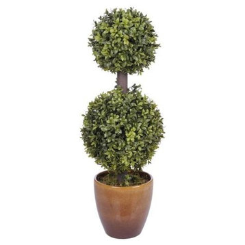 Artificial Double Ball Boxwood Topiary in Brown Ceramic Vase