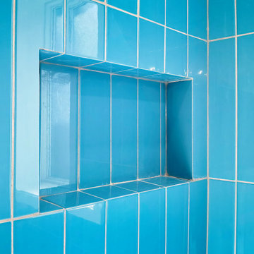 Recessed Storage Niche in Glossy Blue Vertical Tile | High Park Toronto