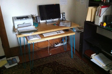 Custom plywood 2 piece desk with powder coated steel hair pin legs.