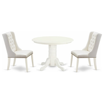3Pc Kitchen Set, 1 Pedestal Table, 2 Light Grey Chairs, Linen White