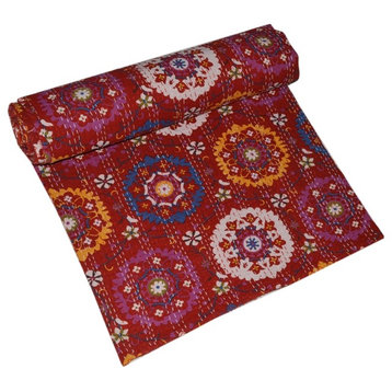 Suzani Print Kantha Quilt Throw, Queen, Red