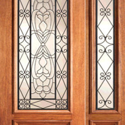 Scrollwork Ironwork Beveled Glass, Mahogany Prehung Door One Sidelite - Front Doors