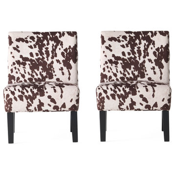 GDF Studio Kalee Contemporary Fabric Slipper Accent Chair, Set of 2, Cow Print/ Matte Black