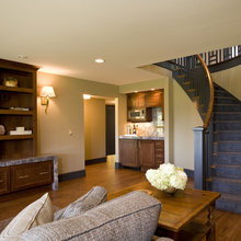 stained wood (colours to match shelves in basement)