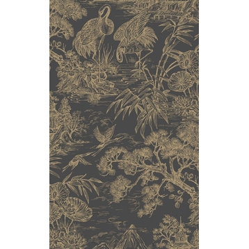 Majestic Crane Tropical Print Textured Wallpaper, Charcoal Gold, Sample