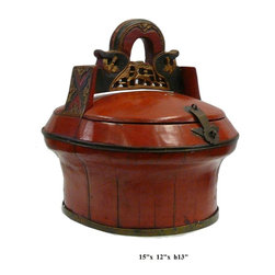 Chinese Red Oval Wood Carving Handle Bucket - Molding And Trim