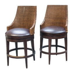 Set of 2 Leather & Wicker Counter Height Bar Stools - Bar Stools And Counter Stools