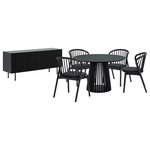 Armen Living - Pasadena Echo 6-Piece Round Dining Set, Buffet Black Oak Finish Faux Leather - Enhance your dining space with the Pasadena Echo 6 Piece Round Dining Set. This 6-piece dining set includes 1 Pasadena round dining table, and 4 Echo dining chairs with faux leather upholstery, and 1 Pasadena buffet cabinet. The versatile chairs merge style and functionality, making them a perfect addition to your dining room, kitchen, or even as accent pieces throughout your home. Crafted with precision and a keen eye for detail, the Echo dining chairs showcase a stunning combination of wood and easily maintained faux leather upholstery. The Windsor style chair back and angular frame creates a timeless silhouette. The round shape of the table brings a touch of sophistication, creating a dynamic focal point for gatherings in your dining room. The compact 47-inch size makes it an ideal choice for those seeking a small dining table without compromising on style. Its versatility extends beyond the dining room, integrating into kitchens as a modern kitchen table. The retro allure of mid-century design is present in the slatted pedestal base, further elevating its appeal, whilst lending its unmistakable character and attractive, architectural-like quality. The buffet is a seamless blend of form and utility. The four-door design opens to reveal ample storage space with two levels of shelves, ideal for keeping your dining essentials organized and within easy reach. Two matching wooden shelves are included, offering an elegant display area for showcasing your cherished dinnerware or decorative items. The shelves are adjustable to 3 available heights. Use it as a stylish sideboard, an entry cabinet that welcomes guests with its polished charm, or a versatile storage cabinet in the kitchen. Each piece of this 6-piece dining set offers multifunctional appeal and due to the craftsmanship and quality materials it&rsquo;s comprised of it can be enjoyed for many years to come. This dining set is available in multiple color finishes including: an all-black finish with black faux leather upholstery, a black finish table and buffet with walnut chairs and black faux leather upholstery, or a black finish table base and buffet, with walnut tabletop and chairs with black faux leather upholstery.