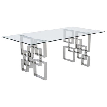 Rectangular Clear Glass Dining Table with Silver Geometric Stainless Steel Base