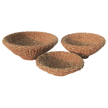 Set of 3 Round Woven Sea Grass Bowl Baskets Natural Decorative 18 15 12 in