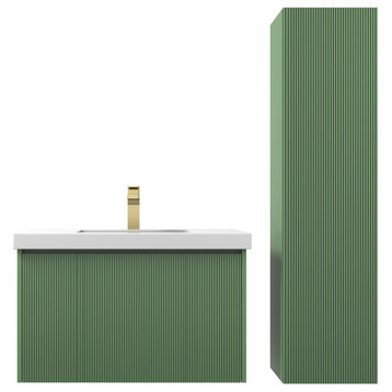 Floating Bath Vanity, Wall Mounted Vanity, Green, 30" W/ Sink, Side Cabinet