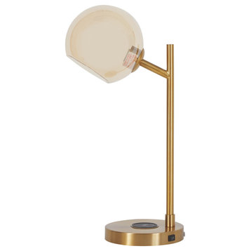 Benzara BM226571 Metal Desk Lamp with Round Glass Shade & Wireless Charger, Gold