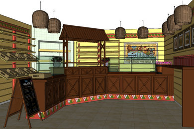 Эскиз торгового зала мини-пекарни в лубочном стиле.