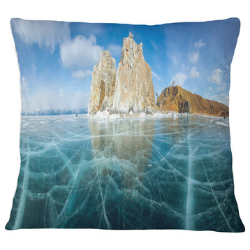 Lake Baikal Ice and Rocks Panorama Seascape Throw Pillow, 16"x16"