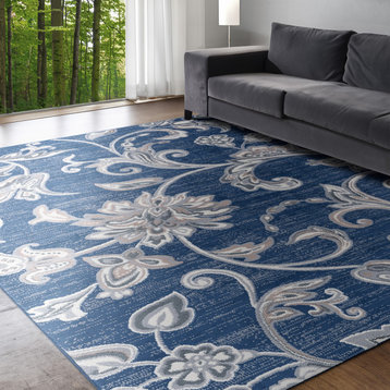 Garland Transitional Floral Navy Rectangle Area Rug, 7.6'x10'