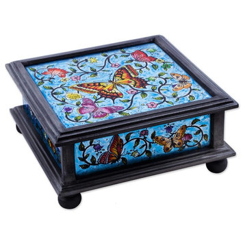 Winter Butterflies in Blue Reverse Painted Glass Decorative Box, Peru