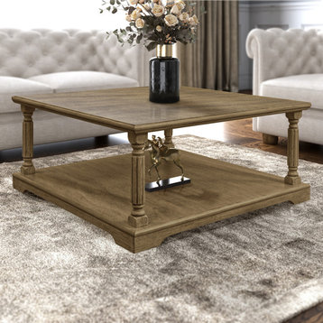 Delroy 34.6 in. Sray Paint Square Solid Wood Top Coffee Table, Oak