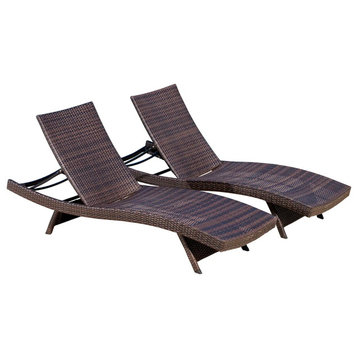 Set of 2 Patio Chaise Lounge, Curved Design With Adjustable Backrest, Multibrown