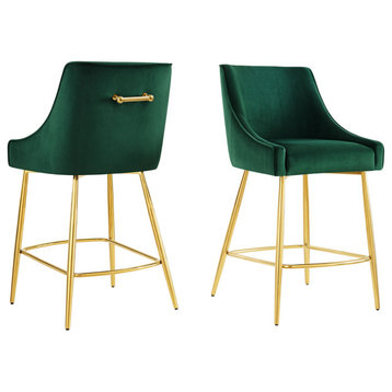 Counter Stool Chair, Set of 2, Green, Velvet, Modern, Mid Century Lounge Dining