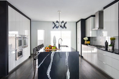Inspiration for a contemporary galley medium tone wood floor and multicolored floor kitchen remodel in Houston with flat-panel cabinets, white cabinets, granite countertops, white backsplash, stainless steel appliances, an island and black countertops