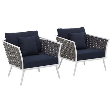 Modway Stance Aluminum & Fabric Patio Chair in White and Navy (Set of 2)
