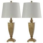 StyleCraft - Roman Traditional Table Lamp Set of 2 Gold Finish White Fabric Shade - A set of two lamps means twice the vintage style for a living room or bedroom. Traditional design comes through in spades with these gold-finished metal lamps and footed bases. The white linen shades present a classic tapered drum shape, while the base and neck of each fixture sport a metallic gold to match the coloring of the main body.