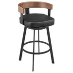Armen Living - Idris Swivel Stool, Black/Walnut Finish & Black Faux Leather, Counter, 26" - Upgrade your space with the sleek style and charm of the Idris Swivel Counter or Bar Height Stool in Faux Leather and Black Iron by Armen Living. Inspired by mid-century modern design principles, this barstool offers an elevated appearance and exceptional comfort. A refined barrel back envelopes your body, and the thick, high-density cushion offers extraordinary support. The generously padded seat is wrapped with luxurious faux leather to offer a premium seating experience. Perched upon tapered metal legs, our barstool ensures strength and long-lasting enjoyment anywhere from your kitchen to your home office. It lends a sophisticated touch to your kitchen island, pub table, home bar, or adjustable desk. The stool includes a built-in circular footrest, and its smooth, 360-degree swivel function enables you to change direction with ease and engage with everyone around you. The Idris Swivel Counter and Bar Height Stool is available in Black Iron and classic Walnut accent with your choice Vintage Gray or Vintage Black faux leather upholstery, providing versatile options to perfectly complement your home decor.