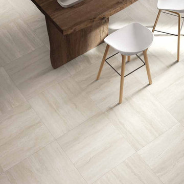 Modern kitchen with light beige marble look porcelain tiles