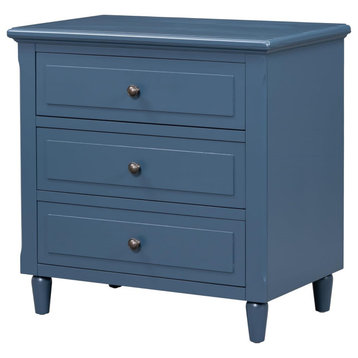 Traditional Nightstand, Framed Accented Storage Drawers With Round Knobs, Blue