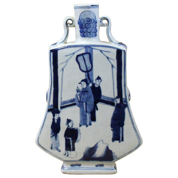 Chinese Blue White Porcelain People Graphic Flat Body Vase Hws371