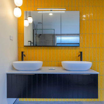 Yellow Vertical Subway Tile Feature Wall