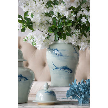 Koi Decorative Jar or Canister, Gloss Blue and White, 9"