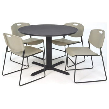 Cain 48" Round Breakroom Table, Gray and 4 Zeng Stack Chairs, Gray