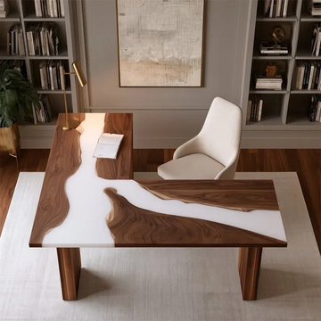 Modern Executive Desk with Black Walnut & Milky White Epoxy River