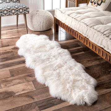 Hand Made Shags Double Sheepskin With Faux Backing Rug, Natural, 1'10"x5'7"