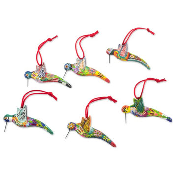 6-Piece Novica Hummingbird Squadron Ceramic Ornaments