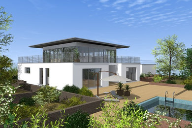 Großes, Zweistöckiges Modernes Einfamilienhaus mit Mix-Fassade, weißer Fassadenfarbe, Walmdach und Blechdach in Hannover