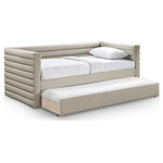 Meridian Furniture - Beverly Vegan Leather Upholstered Daybed, Beige - Enjoy added sleeping space with the addition of this Beverly beige vegan leather twin daybed. It's upholstered with soft premium vegan leather, it's water-resistant and anti-scratch. Featuring deep channel tufting for comfort and style, the daybed includes a twin trundle with a rolling design for up to an 8" thick mattress. Serve dual purposes with the trundle as storage or an additional sleeping area. With its contemporary design, this daybed blends functionality and elegance, ideal for maximizing space and comfort in your modern living area.
