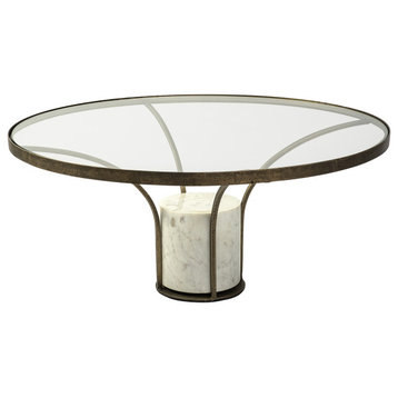 HomeRoots 36" Round Glass Top Metal and Marble Pedestal Coffee Table