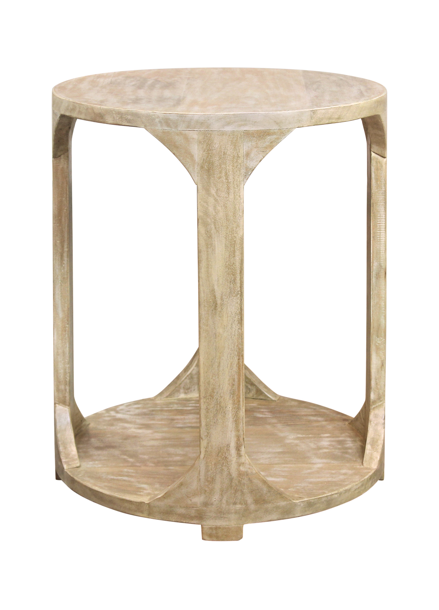 Jenna Coastal Round End Table With Shelves, Natural Solid Wood ...