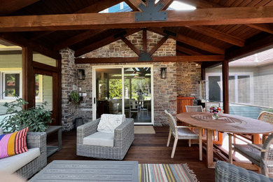 Inspiration for a mid-sized screened-in back porch remodel in Other with a roof extension