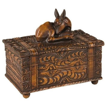 Lidded Box Sleeping Fawn Deer Rustic Intricate Carved Hand-Cast Resin