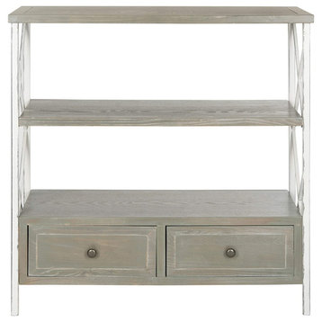 French Country Console Table, X-Shaped Sides and 2 Drawers, Grey and White Smoke
