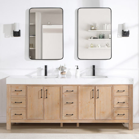 Leon Bath Vanity with Composite Stone Top, Fir Wood Brown, 84", No Mirror