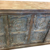 Consigned Lotus Carved Distressed Blue Sideboard, Media TV Storage Cabinet