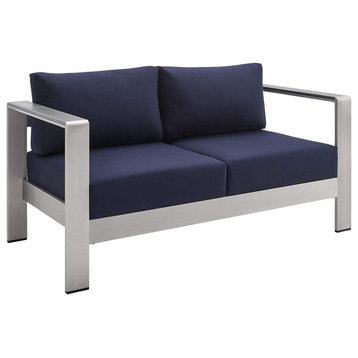 Modern Outdoor Loveseat, Silver Frame and All-Weather Sunbrella Fabric Cushions