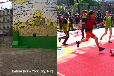 Large courtyard partial sun outdoor sport court in New York with with outdoor playset.