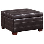 OSP Home Furnishings - Detour Strap Square Storage Ottoman, Espresso Faux Leather - Add the finishing touch to any room with our Detour Storage Ottoman. Classic style with double stitch, strap detail provides a tailored classic look. Thick padding all around makes this an ideal place to kick your feet up and relax. The lid glides open easily to reveal fully lined storage and a sliding accessory tray, perfect for storing TV remotes and viewing guides. Place in front of a sofa to create an inviting coffee table scenario. Arrives fully assembled.