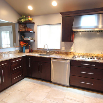 Transitional Cherry Kitchen with Tempered Rain Glass Backsplash